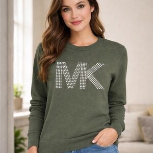 💚 Michael Kors Olive Rhinestone Logo Sweater – Size Medium – Like New